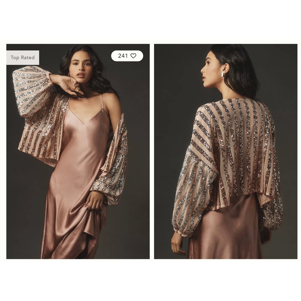 Anthropologie Sequin Stripe Jacket Party Rose Gold Blush Pink Open Front Oversiz